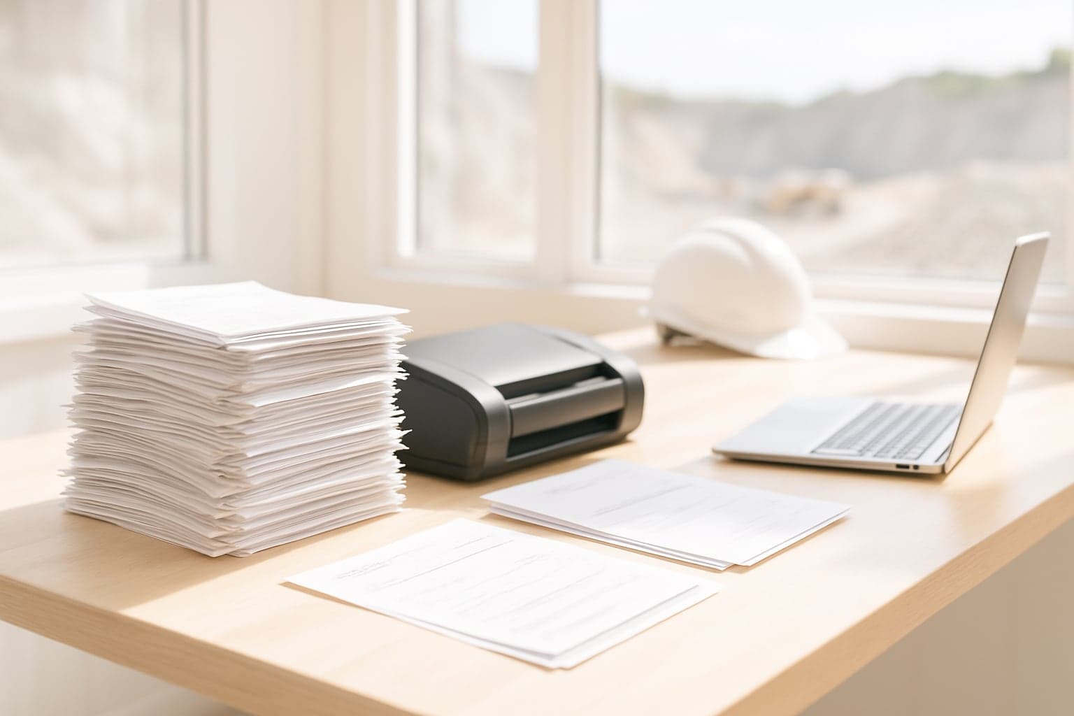 Invoices and weigh tickets next to a scanner in a site office