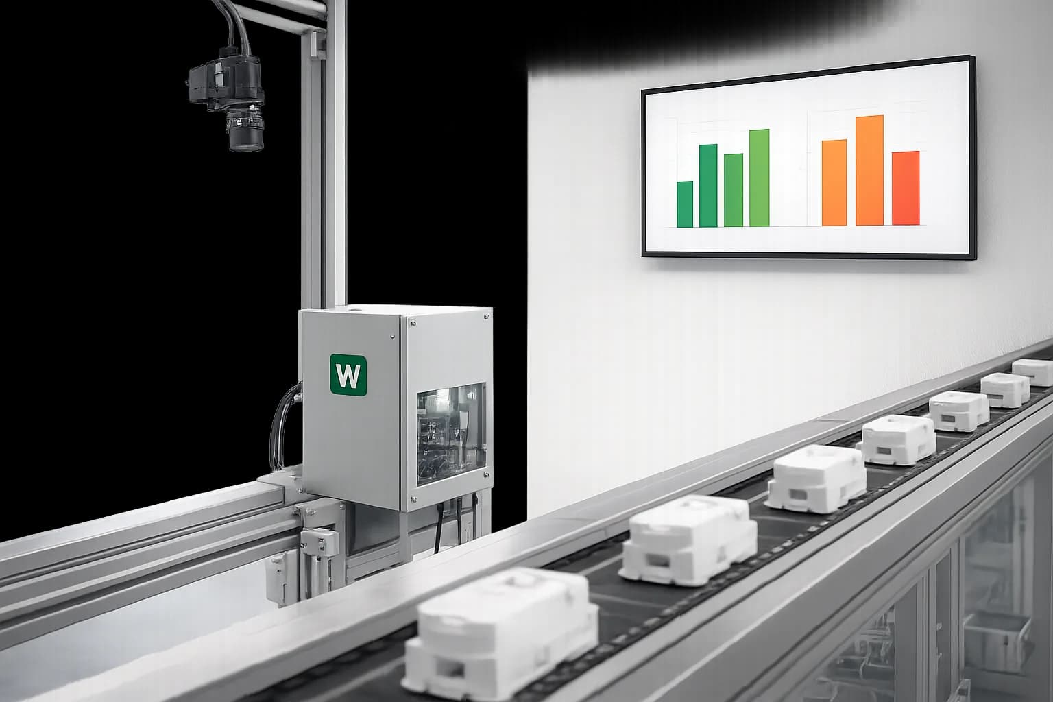 Camera over a production conveyor with a Webkms processing enclosure and a count display