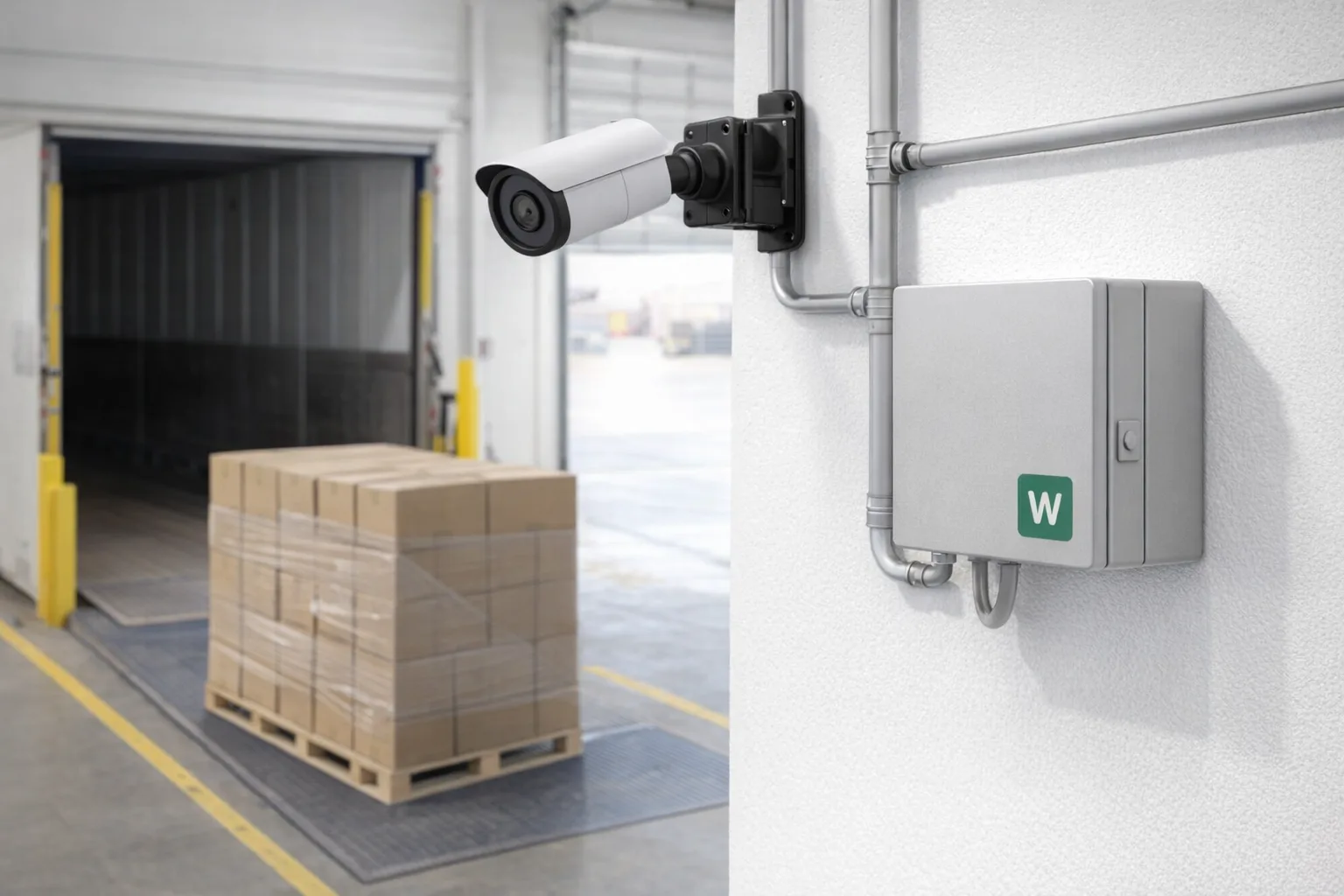Industrial camera above a warehouse dispatch lane with a Webkms processing enclosure on the wall