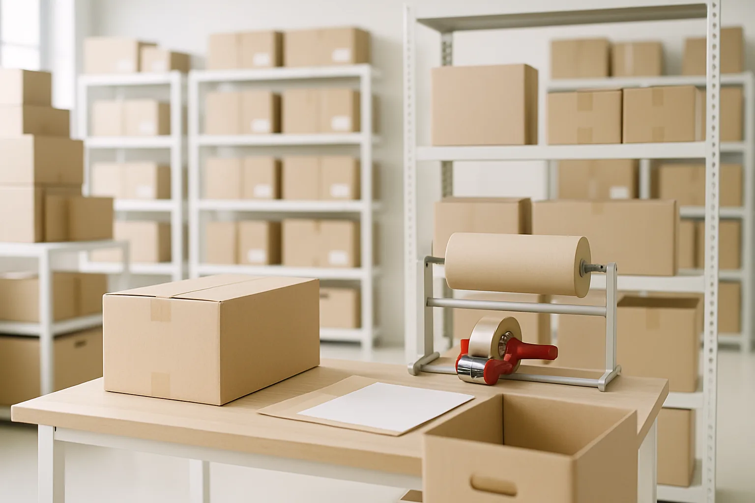 Packing station in a well-organised warehouse with labelled shelving and shipping boxes
