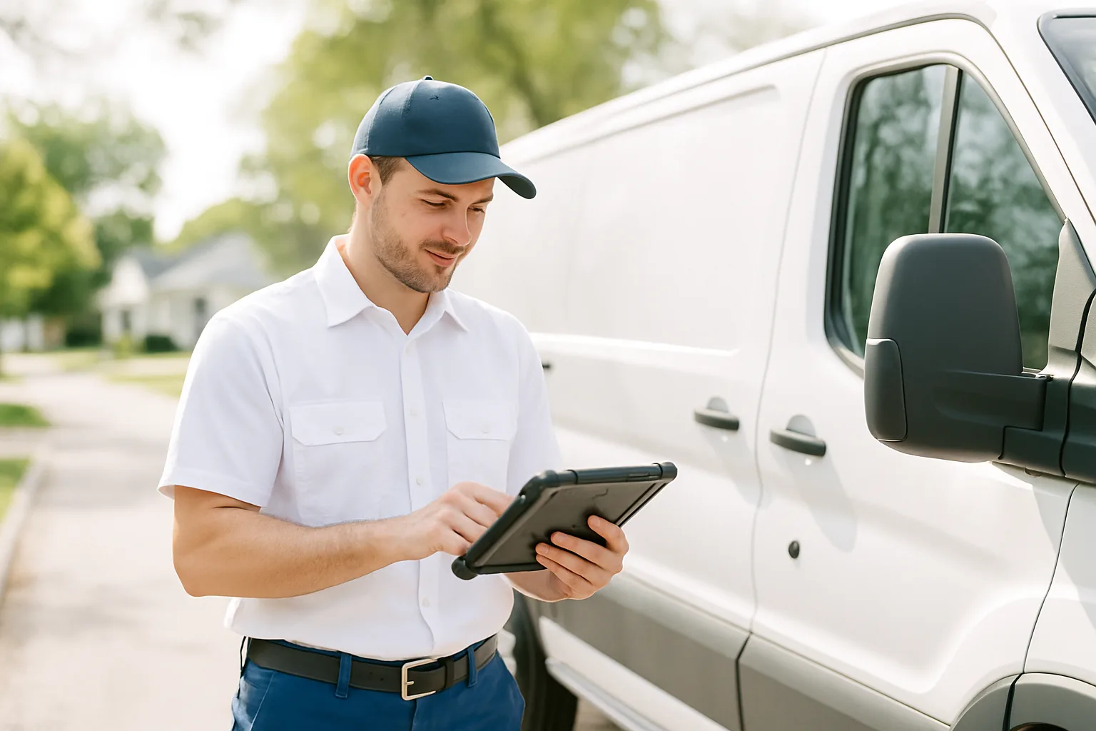 Service technician beside a work van reviewing a job on a rugged tablet