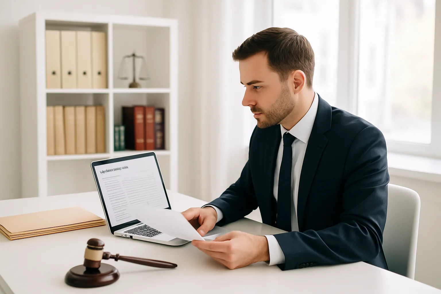 Lawyer in a bright office reviewing a client intake summary on a laptop beside legal files
