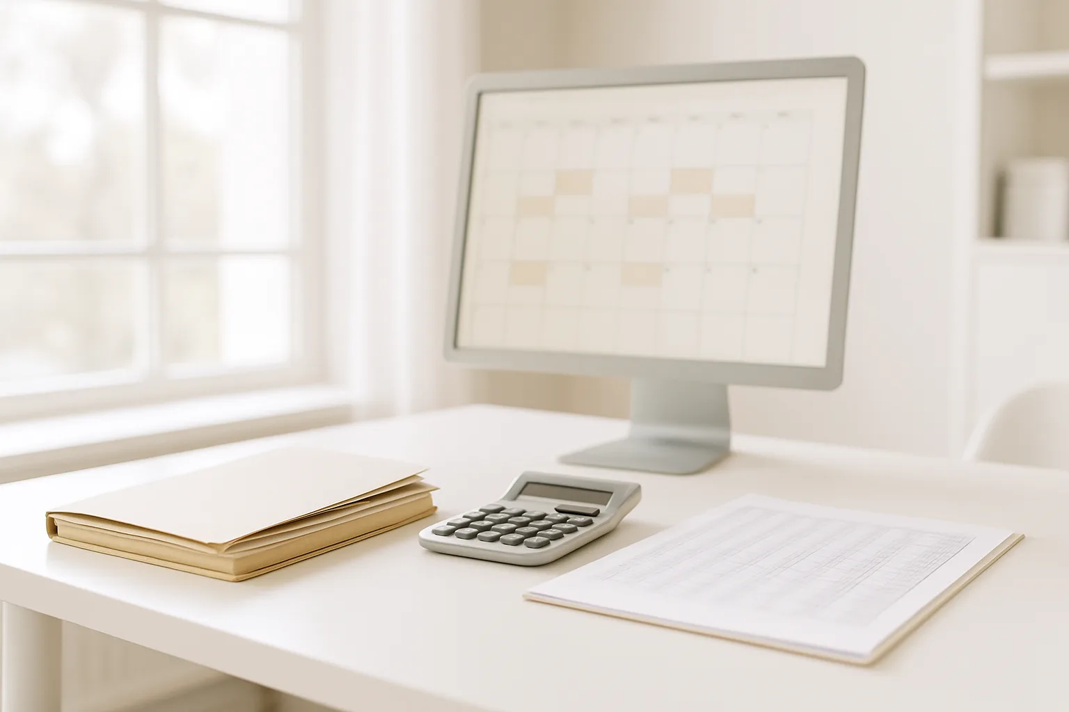 Accounting office desk with client files, calculator and a scheduled calendar on screen