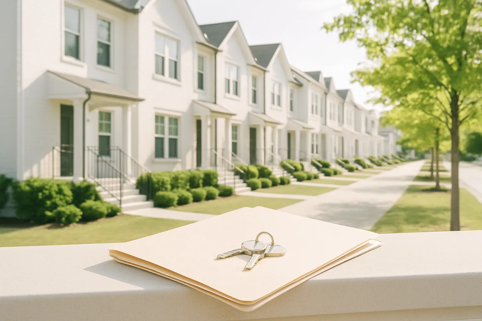 Row of managed residential properties with a document folder and keys in the foreground