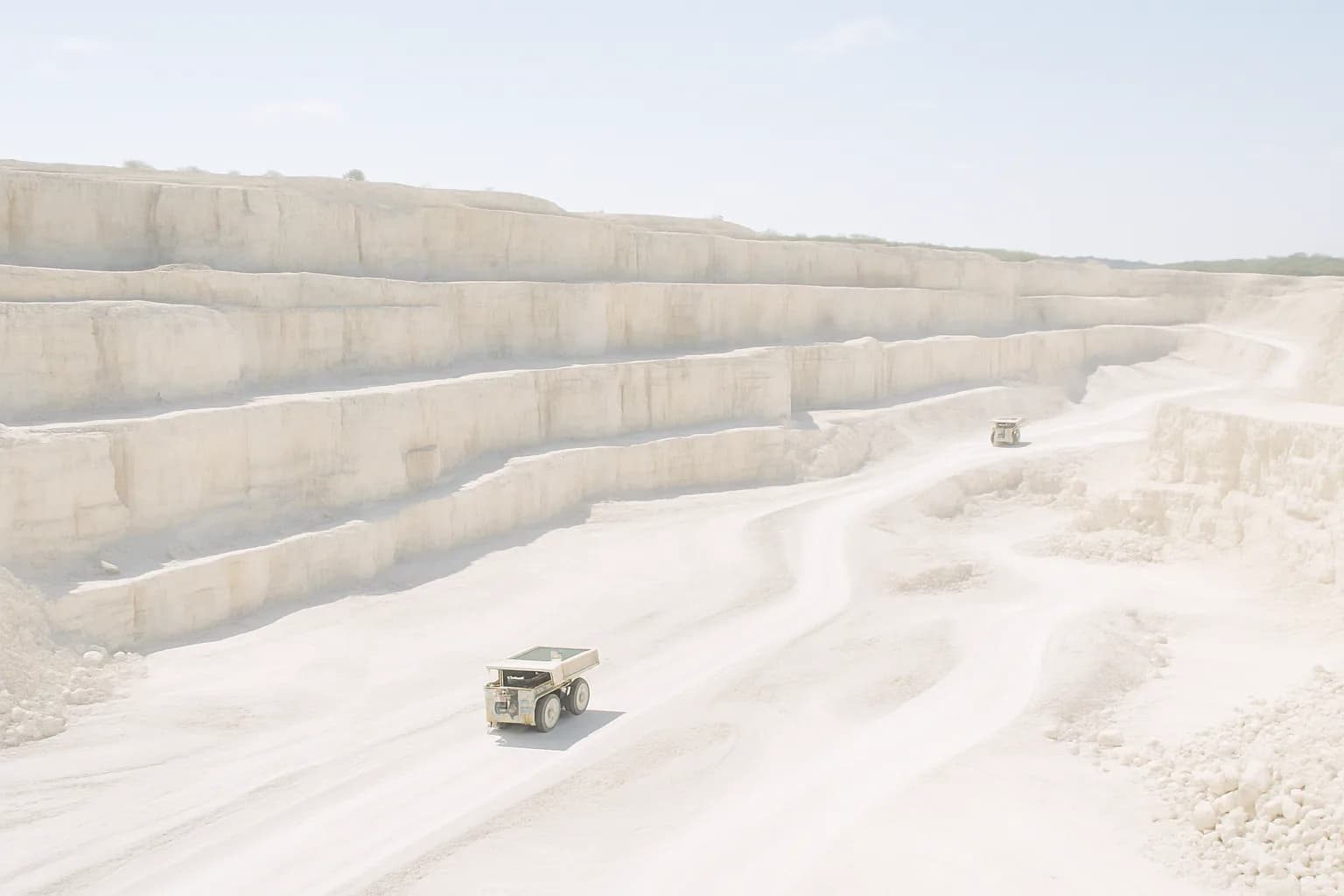 Aerial view of a limestone quarry with haul trucks and benched rock faces on a bright sunny day
